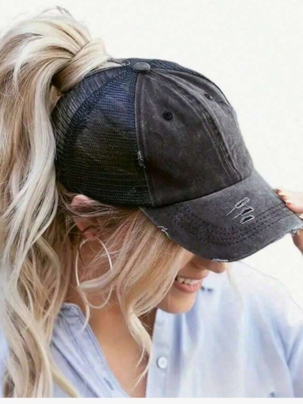 NEW-Retro Distressed High Ponytail Baseball Cap